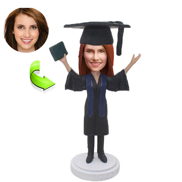 Graduation custom bobblehead of Graduation 8 in cap and gown, a memorable keepsake for graduation celebrations