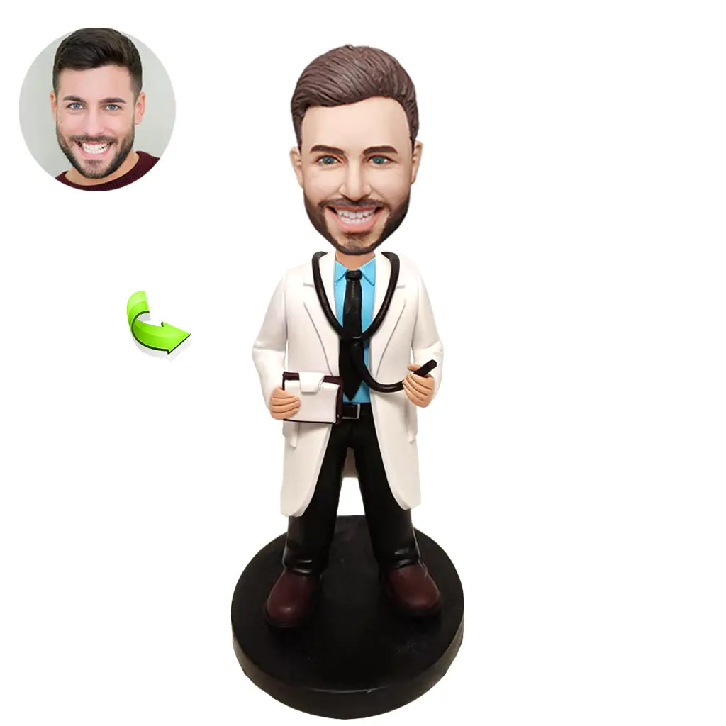 Personalized custom bobblehead of doctor 61 in doctor’s outfit, perfect for medical professionals and unique gifts