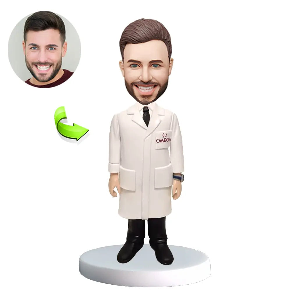 Personalized custom bobblehead of doctor 59 in doctor’s outfit, perfect for medical professionals and unique gifts