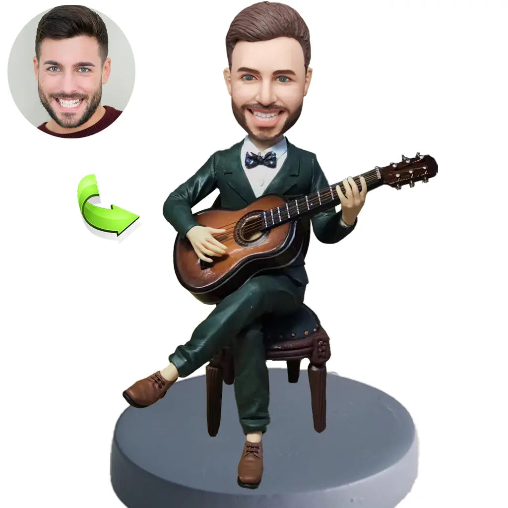 Personalized musician bobblehead playing guitar — handcrafted custom figurine