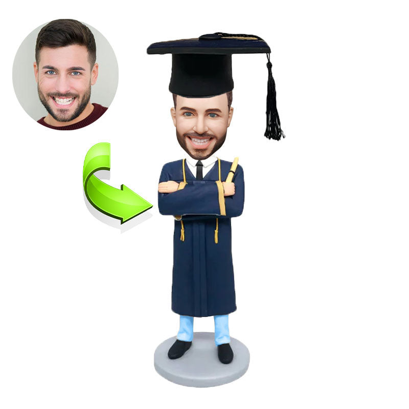 Graduation custom bobblehead of Graduation 5 in cap and gown, a memorable keepsake for graduation celebrations
