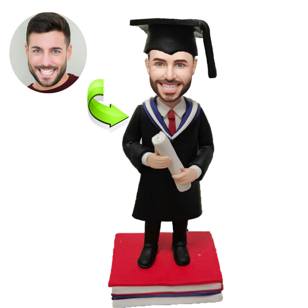 Graduation custom bobblehead of Graduation 7 in cap and gown, a memorable keepsake for graduation celebrations
