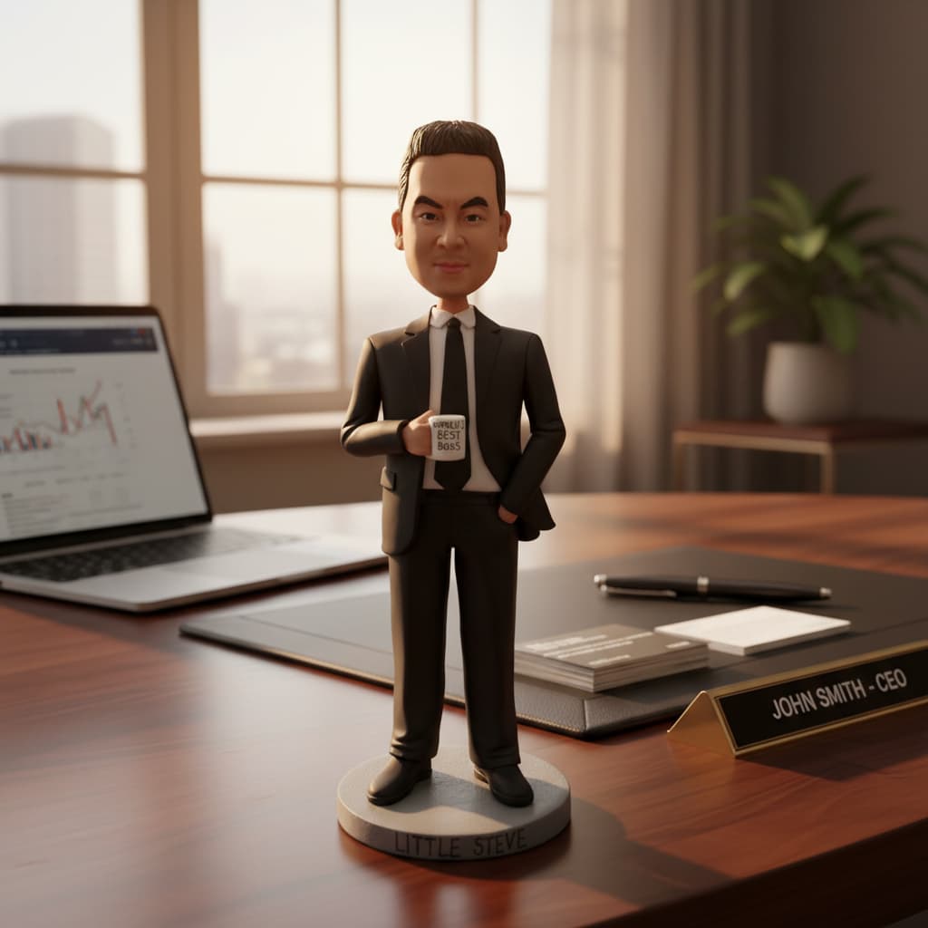 Personalized boss bobblehead displayed as unique office desk decoration