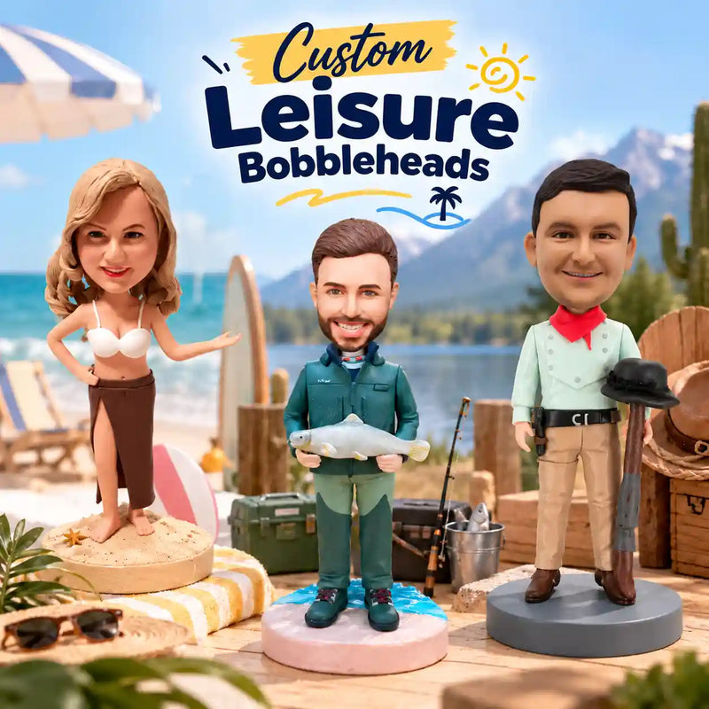 Custom leisure bobbleheads for fishing beach vacations and outdoor hobbies