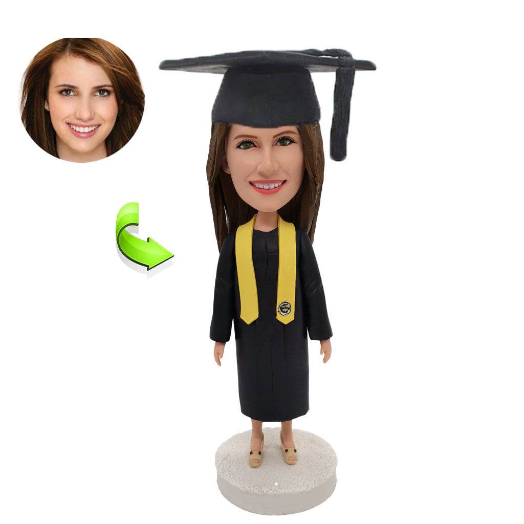 Graduation custom bobblehead of Graduation 9 in cap and gown, a memorable keepsake for graduation celebrations