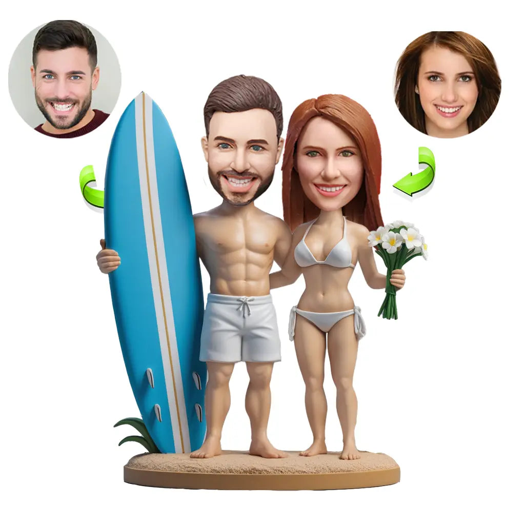 Surfing couple bobblehead valentines gift personalized beach custom romantic surfer cake topper