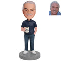 Custom male retirement bobblehead holding Happy Retirement mug – personalized retirement gift for him handcrafted from photo
