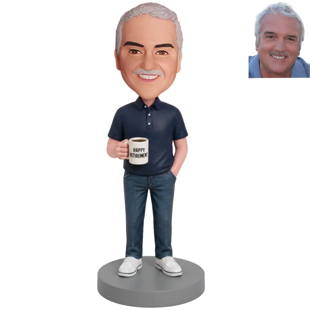 Custom male retirement bobblehead holding Happy Retirement mug – personalized retirement gift for him handcrafted from photo