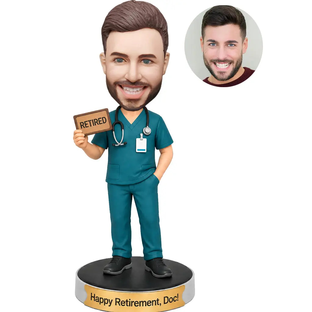 Custom Doctor Retirement Bobblehead from Photo – Male Doctor in Scrubs