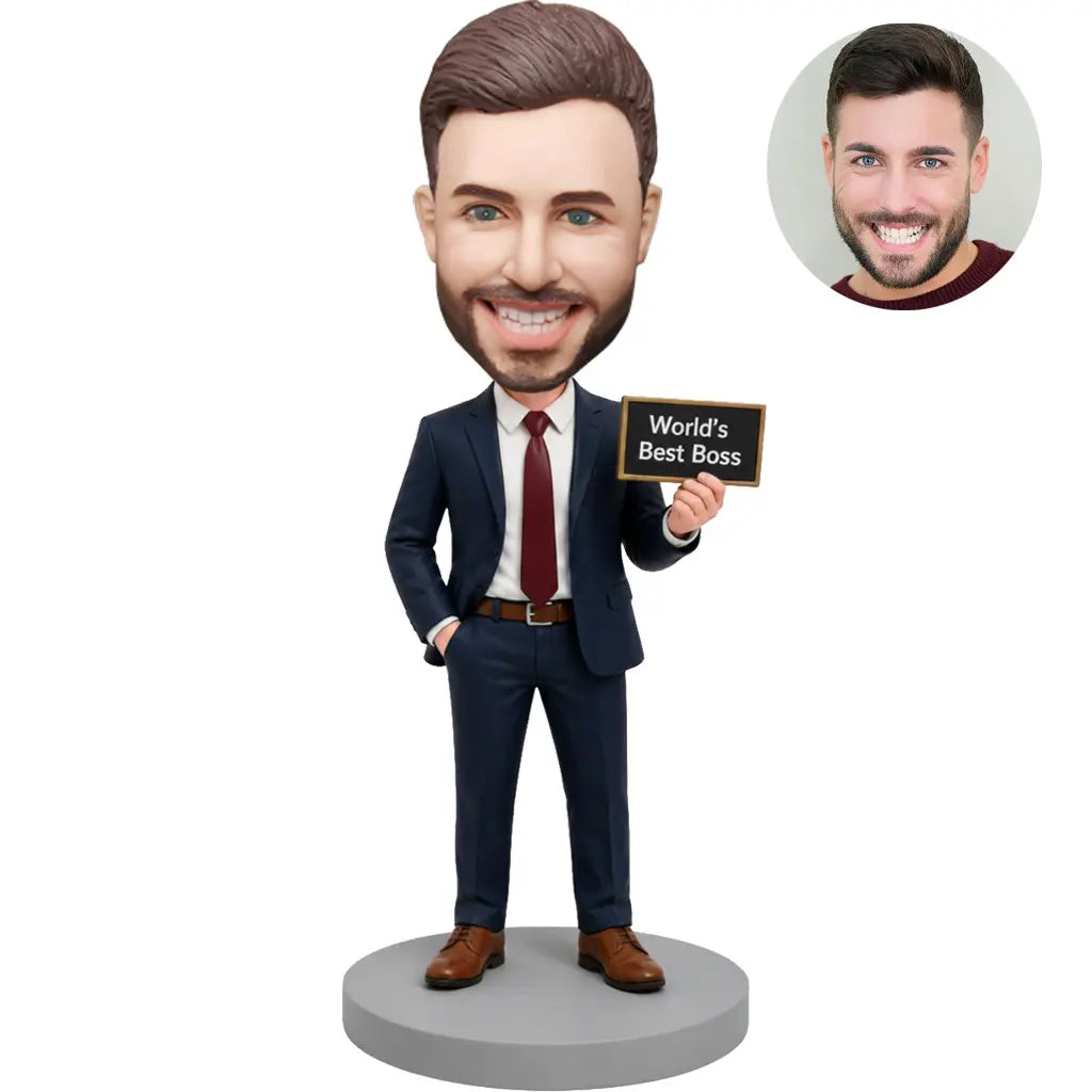 Custom bobblehead for men holding World's Best Boss sign in navy suit with red tie – personalized boss day gift handcrafted from photo