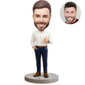 Custom bobblehead for men in white shirt giving thumbs up – personalized gift for him handcrafted from photo