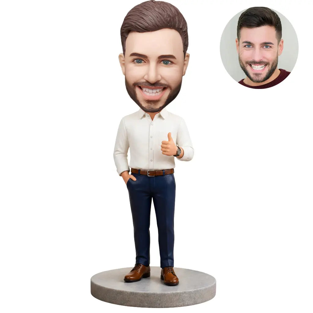 Custom bobblehead for men in white shirt giving thumbs up – personalized gift for him handcrafted from photo