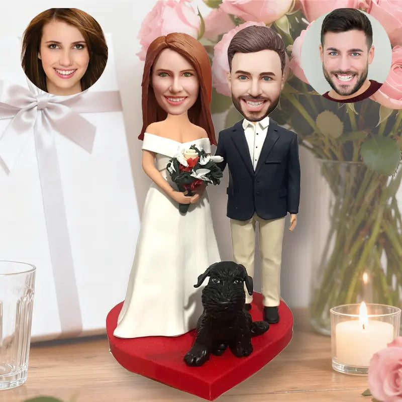 Custom wedding bobblehead with pets personalized gift bride groom dog cat figurine