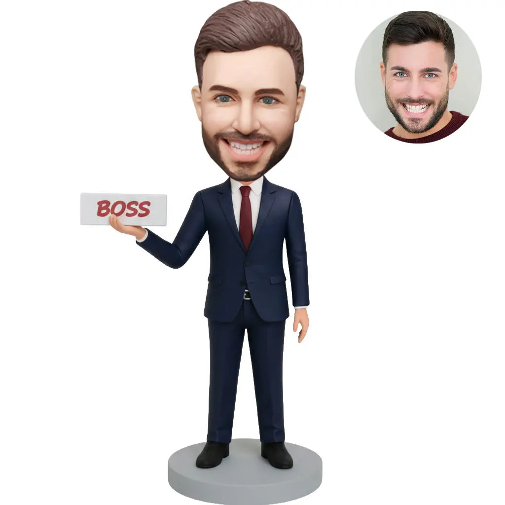Custom bobblehead for men in navy suit with red tie holding BOSS sign – personalized boss day gift handcrafted from photo