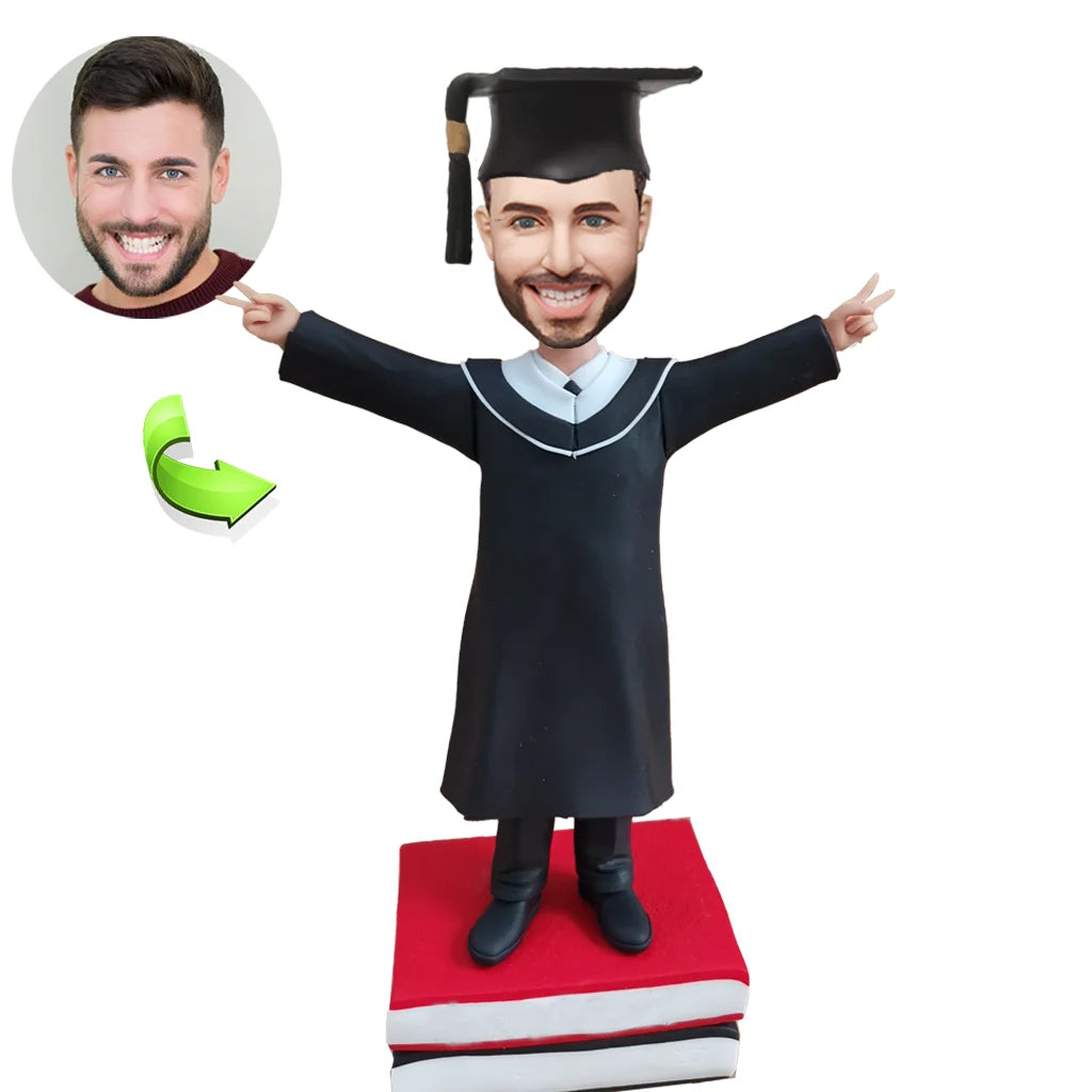 Graduation custom bobblehead of Graduation 25 in cap and gown, a memorable keepsake for graduation celebrations