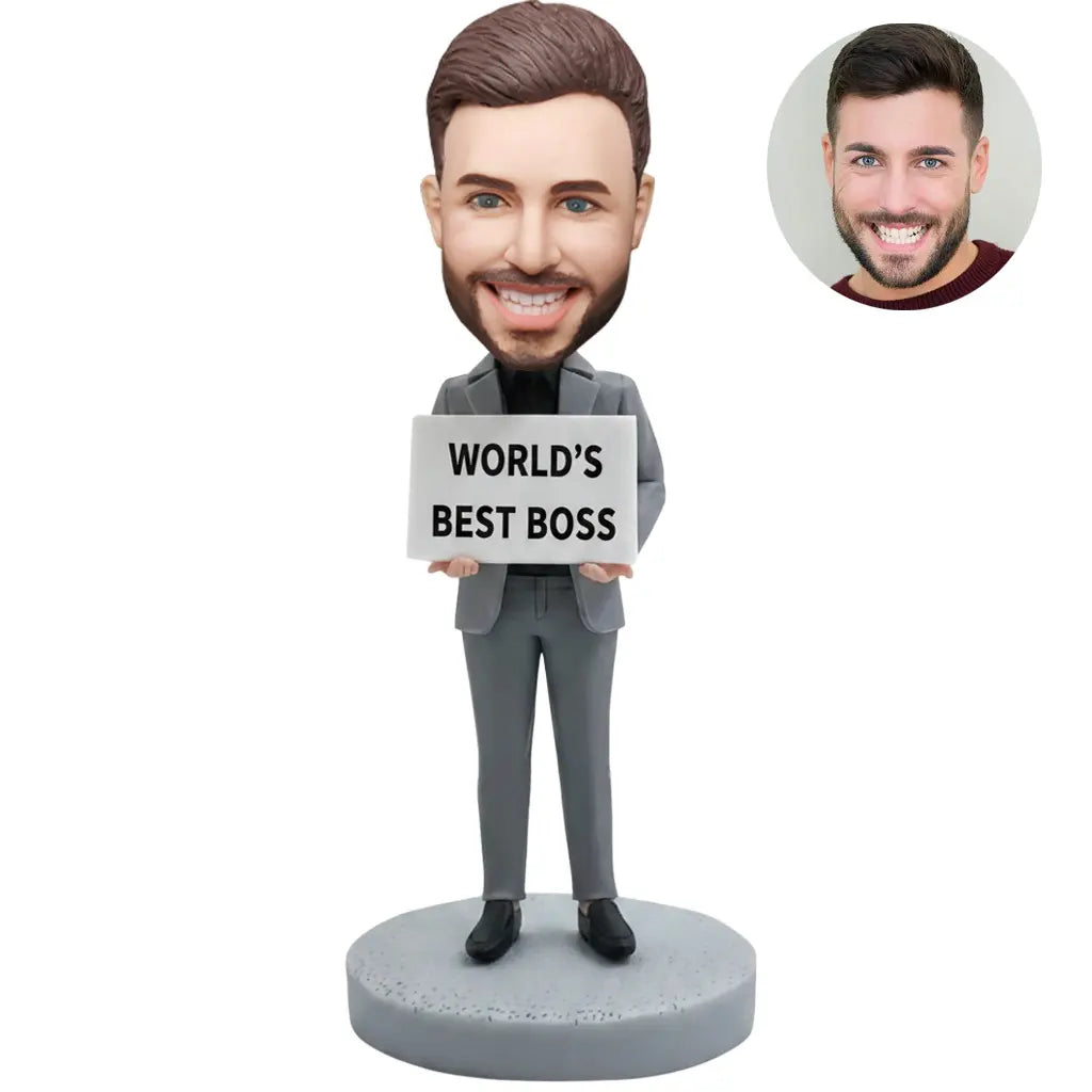Custom bobblehead for men in gray suit holding World's Best Boss sign – personalized boss day gift handcrafted from photo