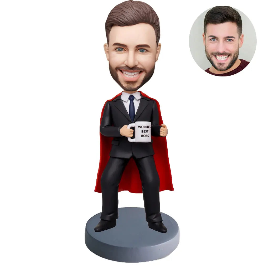 Custom superhero boss bobblehead in black suit with red cape holding World's Best Boss mug – personalized boss day gift handcrafted from photo