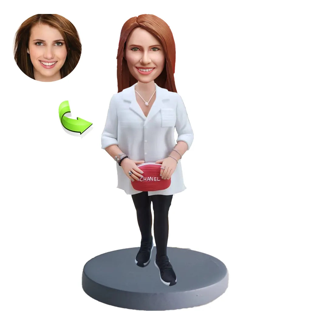 Custom female bobblehead — personalized handcrafted figurine by HappyBobbles