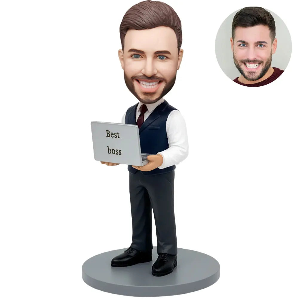 Custom bobblehead for men in navy vest holding laptop with Best Boss screen – personalized boss day gift handcrafted from photo