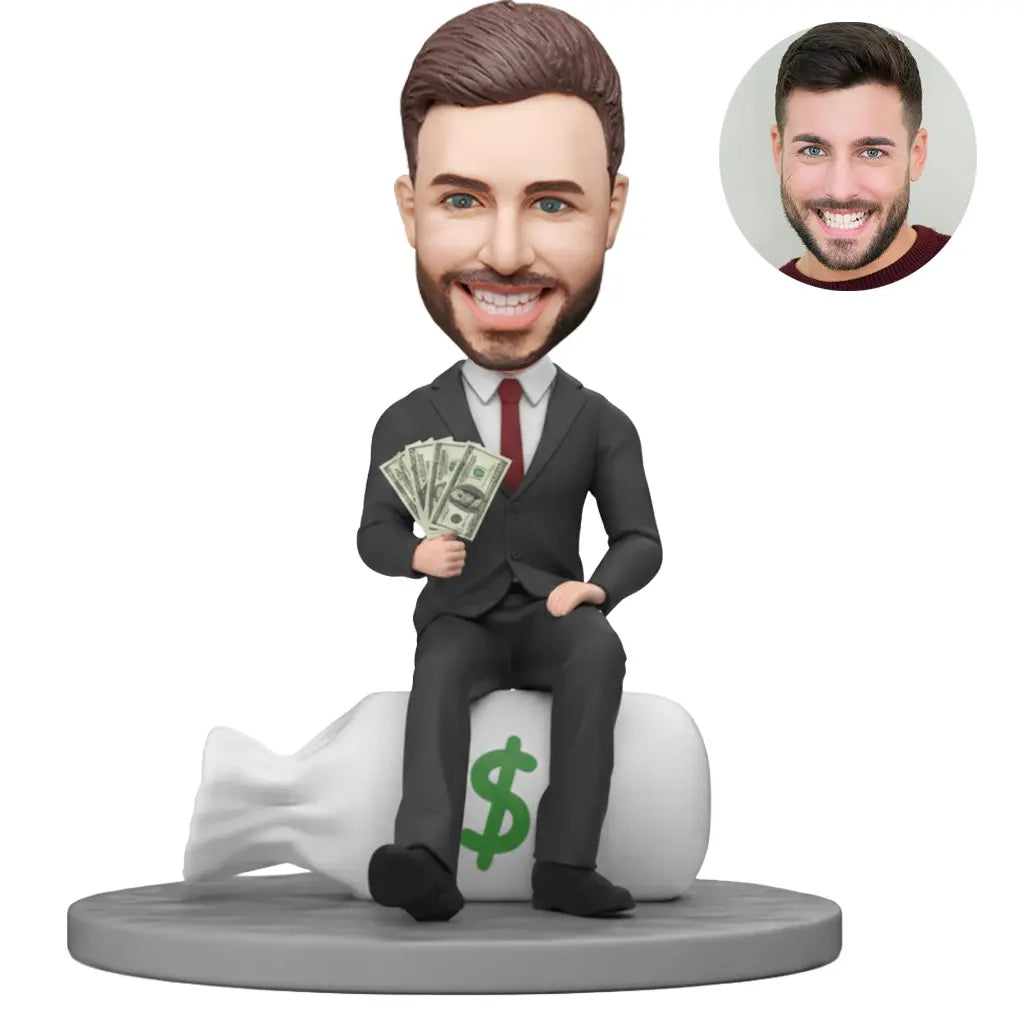 Custom bobblehead for men in dark suit sitting on money bag holding cash – funny personalized boss day gift handcrafted from photo