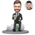 Custom bobblehead for men in dark suit sitting on money bag holding cash – funny personalized boss day gift handcrafted from photo