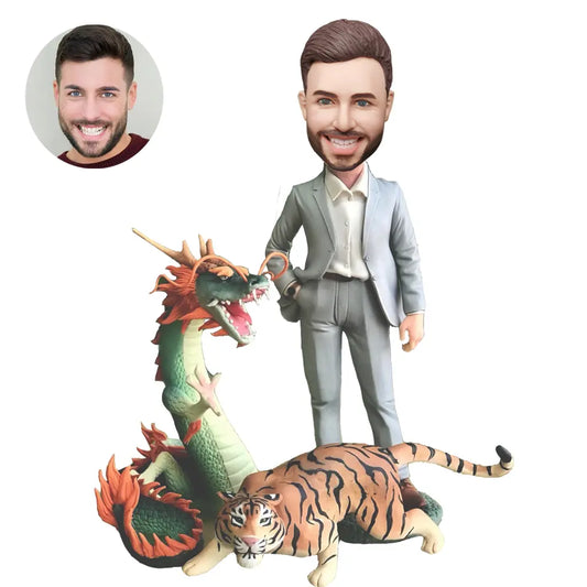 Custom Bobble Head Luxury Boss Gift With Dragon And Tiger Scene