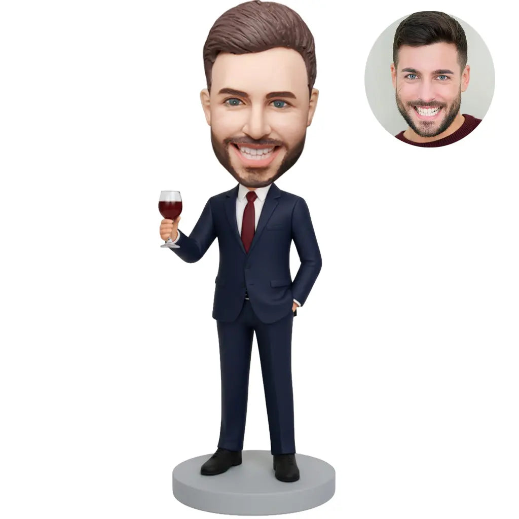 Custom bobblehead for men in navy suit with red tie holding wine glass – personalized boss birthday gift handcrafted from photo