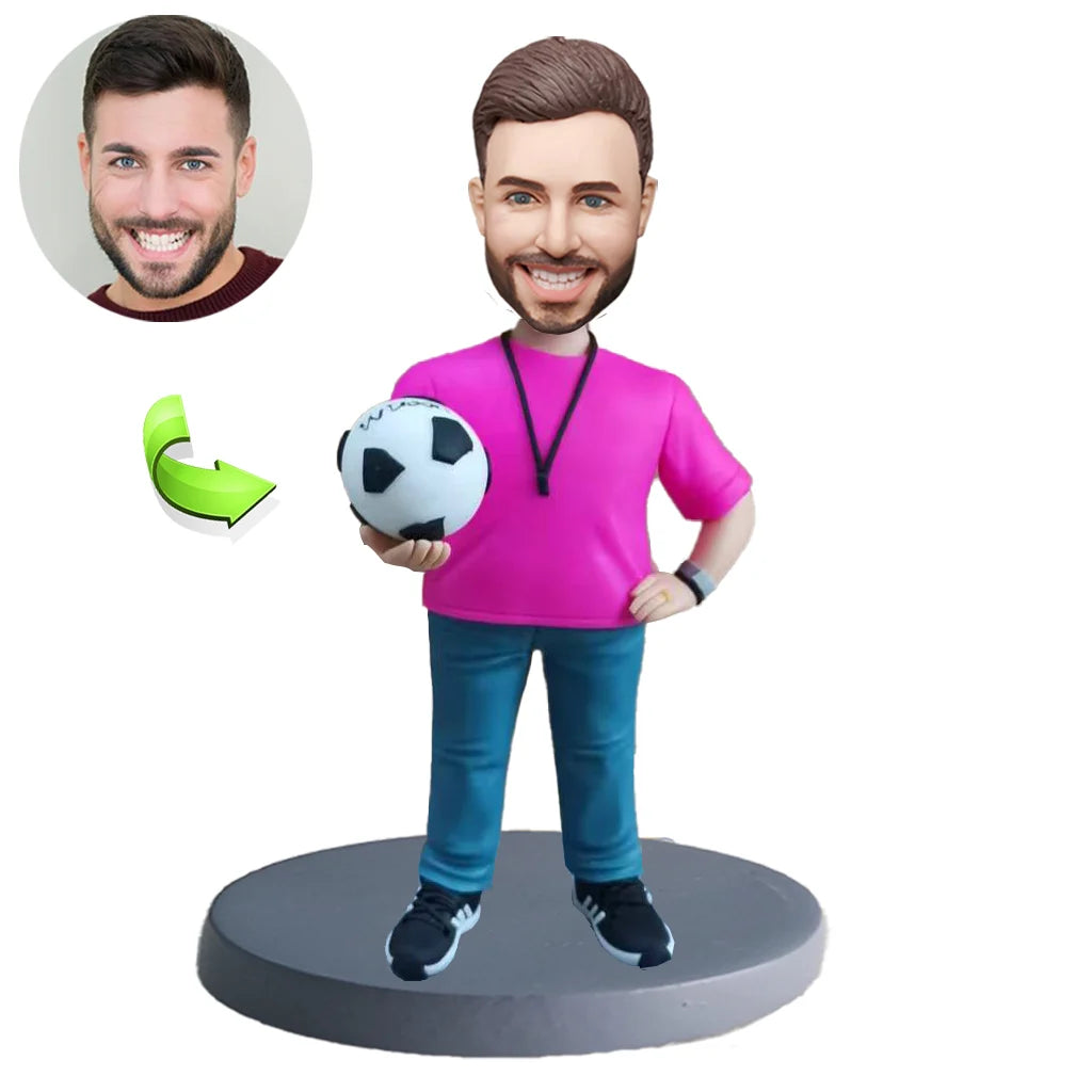 Personalized male bobblehead close-up — handcrafted custom figurine