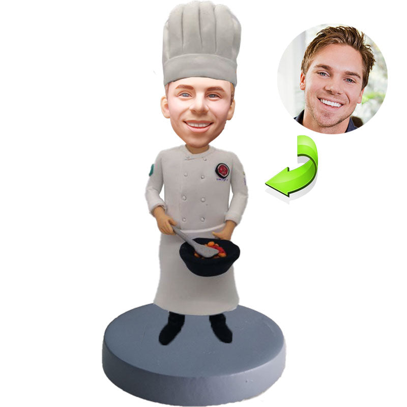 Custom bobblehead made by a male chef with a pot