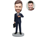 Custom bobblehead for men in navy suit with briefcase checking watch – personalized executive boss gift handcrafted from photo