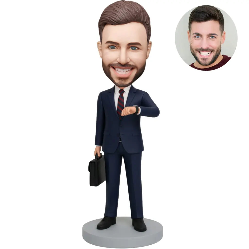 Custom bobblehead for men in navy suit with briefcase checking watch – personalized executive boss gift handcrafted from photo