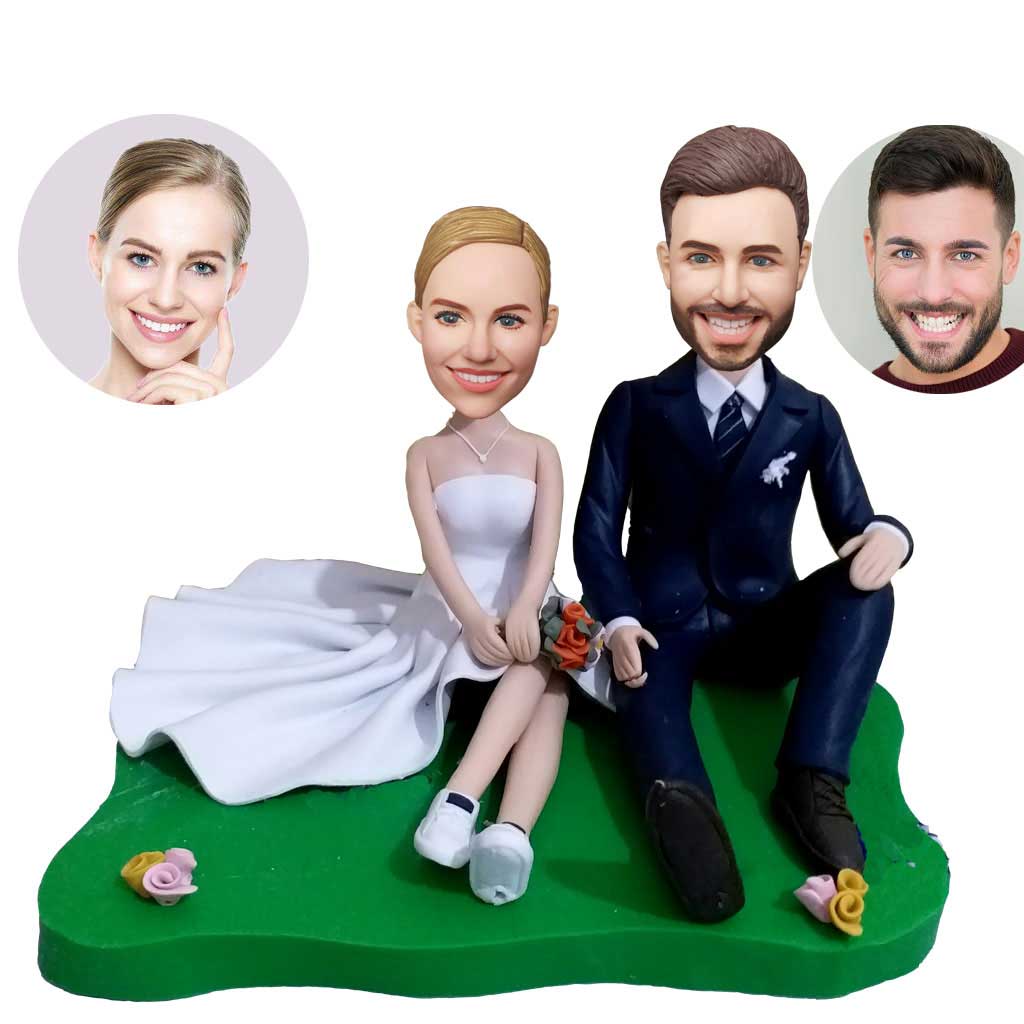 Custom Wedding Bobblehead Sitting On The Lawn