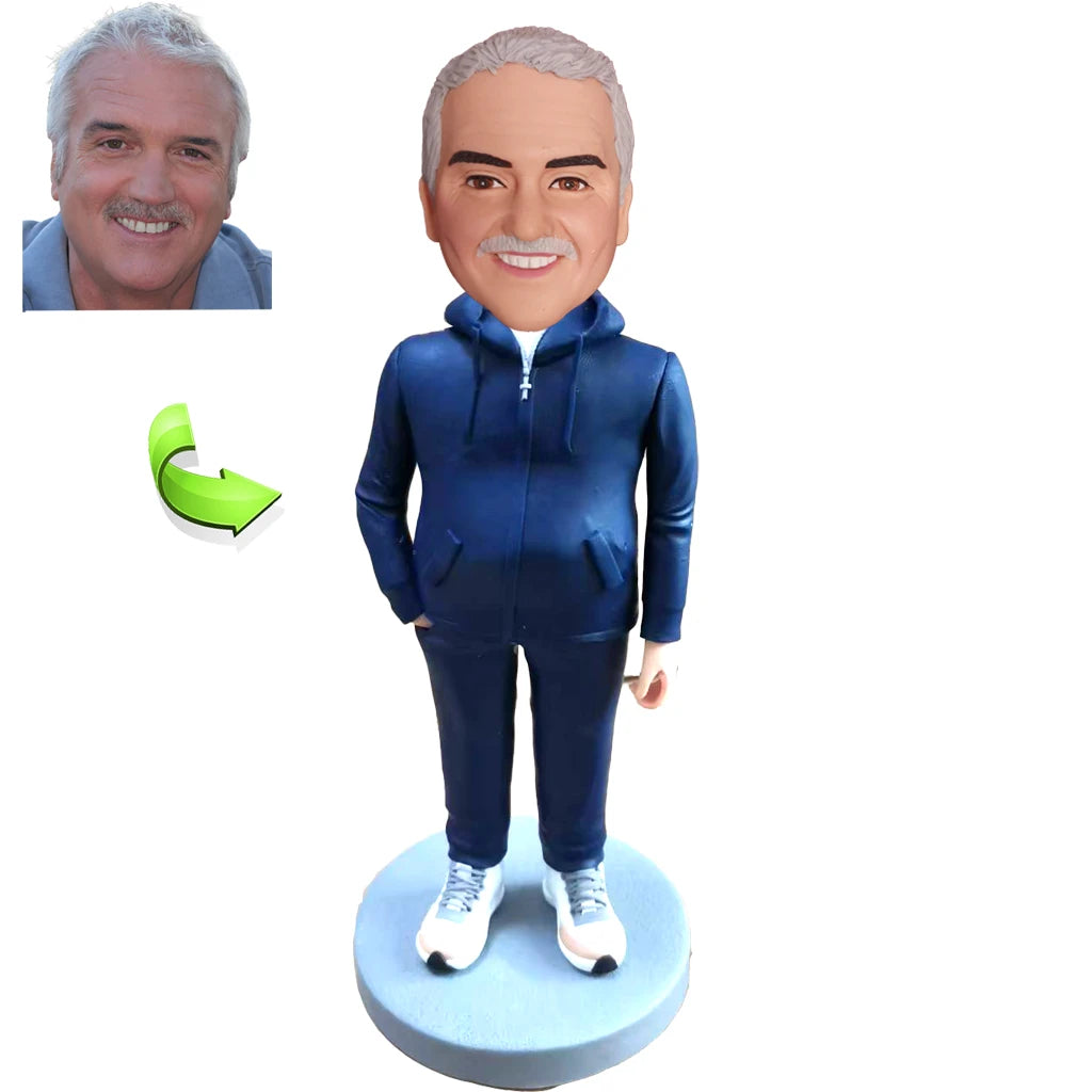 Personalized male bobblehead close-up — handcrafted custom figurine