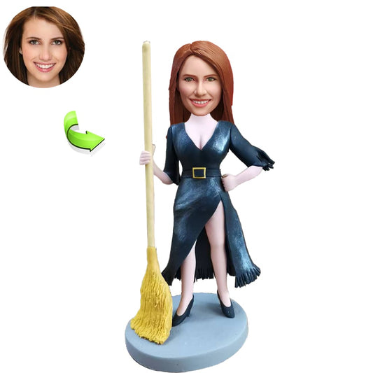 Female Magician Hold Broom Custom Bobblehead