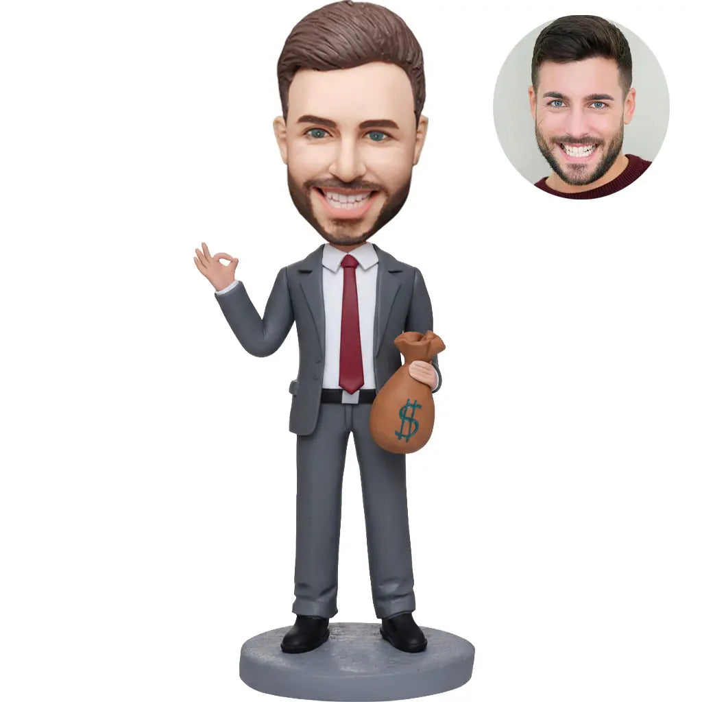 Custom bobblehead for men in gray suit holding money bag with OK gesture – personalized success boss gift handcrafted from photo