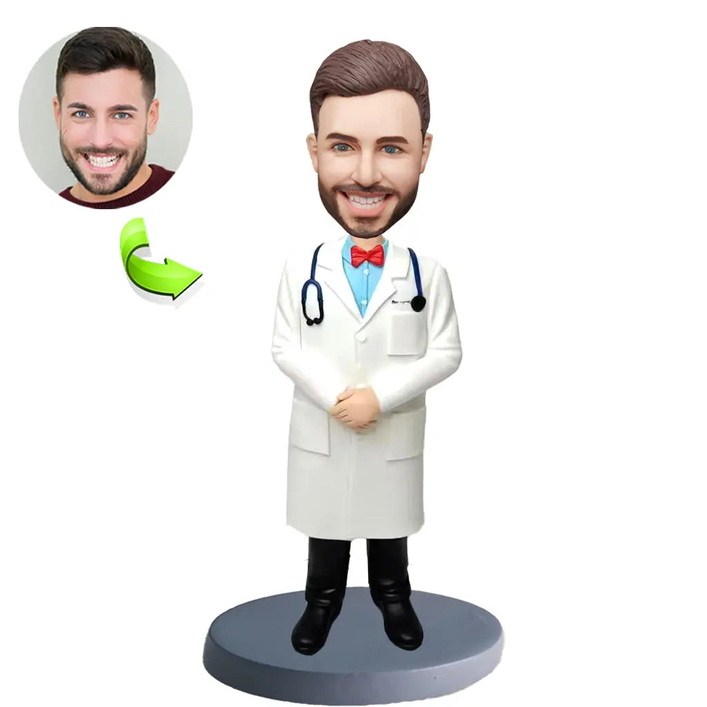 Personalized custom bobblehead of doctor 53 in doctor’s outfit, perfect for medical professionals and unique gifts