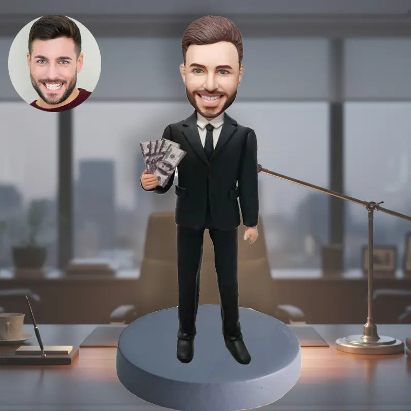 Funny custom bobblehead man holding cash personalized gift novelty figurine