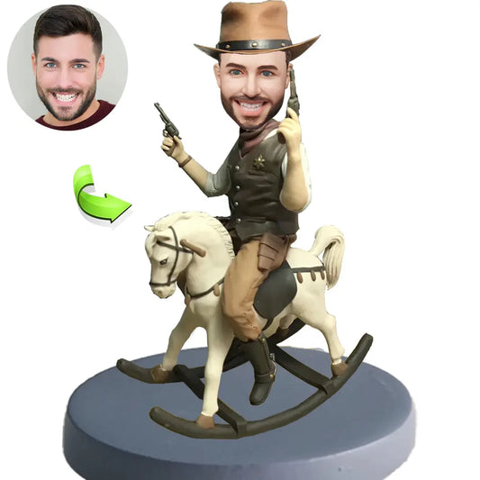 Custom Bobbleheads Funny Cowboy Riding Wooden Horse Design