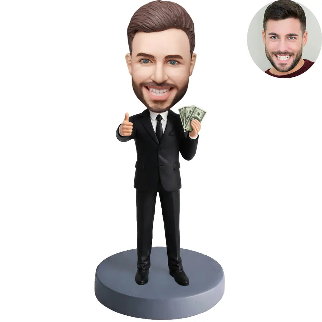 Custom bobblehead for men in all black suit giving thumbs up holding cash – personalized boss gift handcrafted from photo