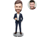 Custom Best Boss bobblehead for men in navy suit holding World's Best Boss mug with BEST BOSS nameplate – personalized boss day gift handcrafted from photo