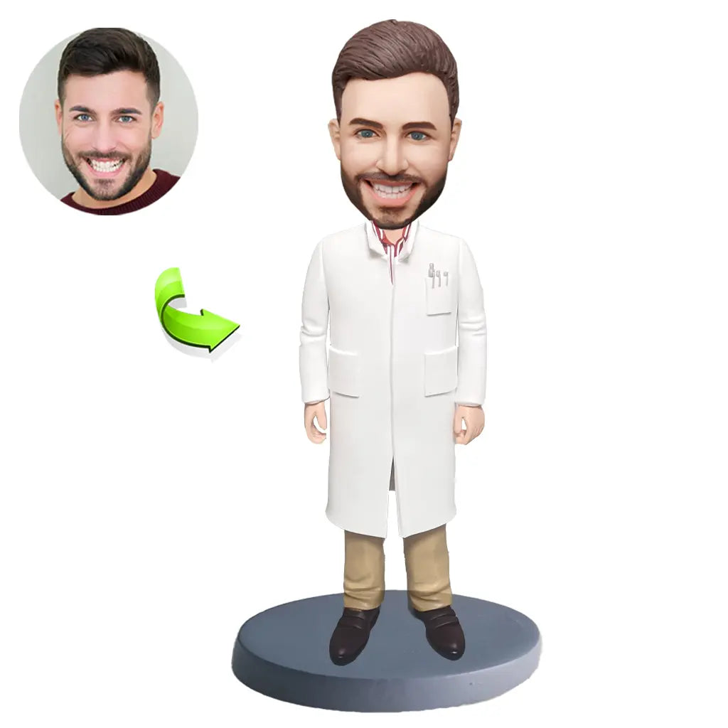 Personalized custom bobblehead of doctor 48 in doctor’s outfit, perfect for medical professionals and unique gifts
