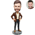Custom Boss Man bobblehead for men in brown blazer cream shirt hands on hips with BOSS MAN nameplate – personalized casual boss gift handcrafted from photo