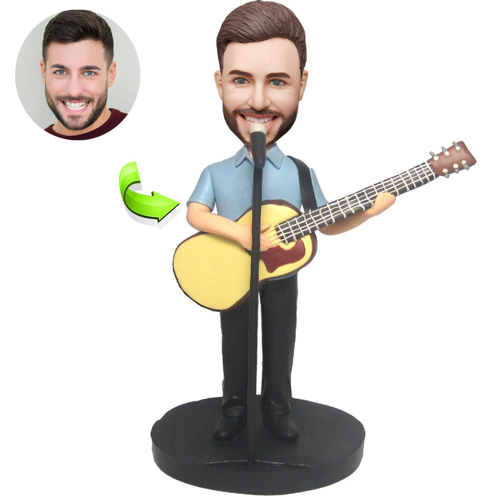 Personalized musician bobblehead playing guitar — handcrafted custom figurine