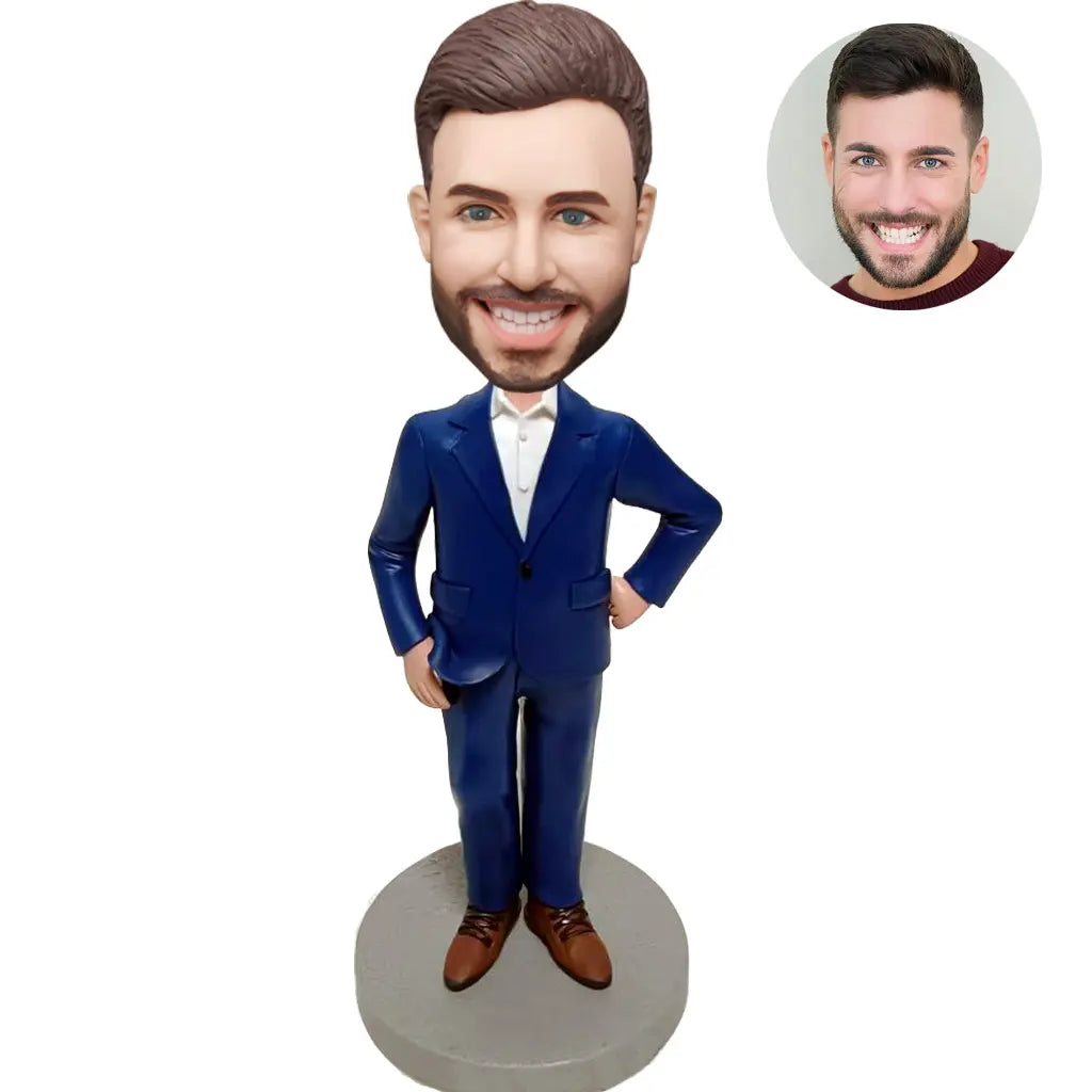 Custom Bobblehead for Men in Blue Suit – Personalized Male Figurine Gift