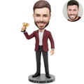 Custom World's Best Boss Bobblehead for Men in Burgundy Blazer Holding Trophy – Personalized Boss Day Gift