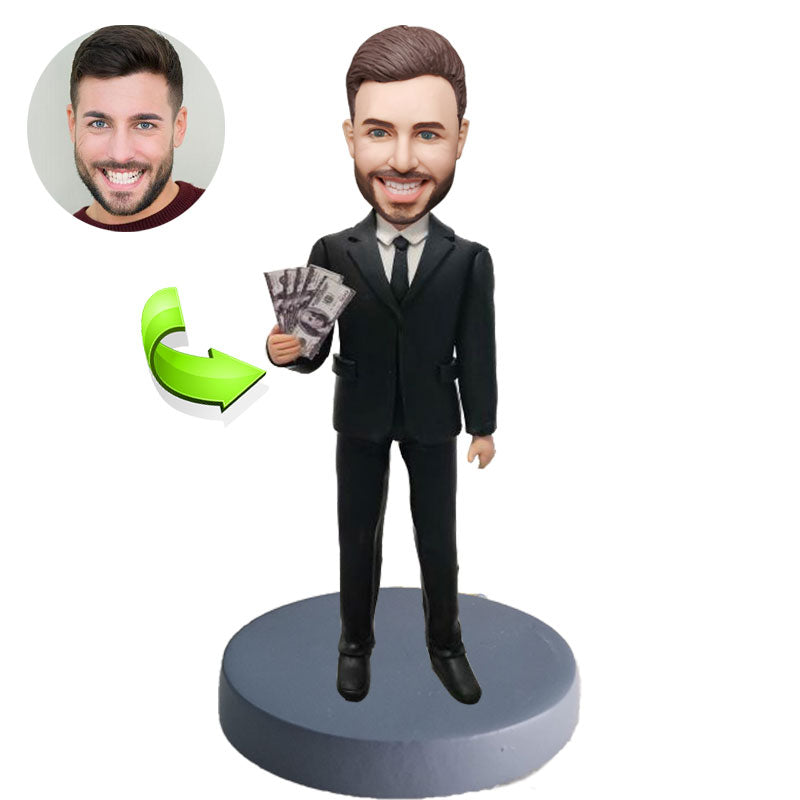 Funny custom bobblehead man holding cash personalized gift novelty figurine