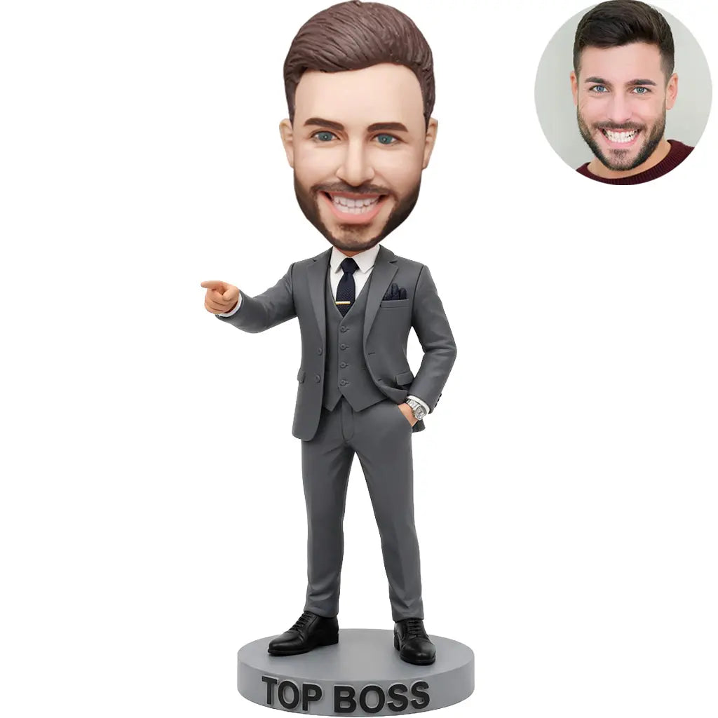 Custom Top Boss Bobblehead for Men in Gray Three-Piece Suit Pointing – Personalized Boss Day Gift