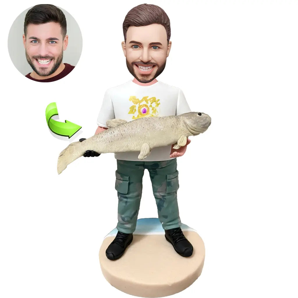 Custom Bobbleheads Fisherman Holding Big Catch Fun Keepsake