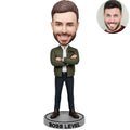 Custom Boss Level Bobblehead for Men in Olive Bomber Jacket Arms Crossed – Personalized Cool Boss Gift