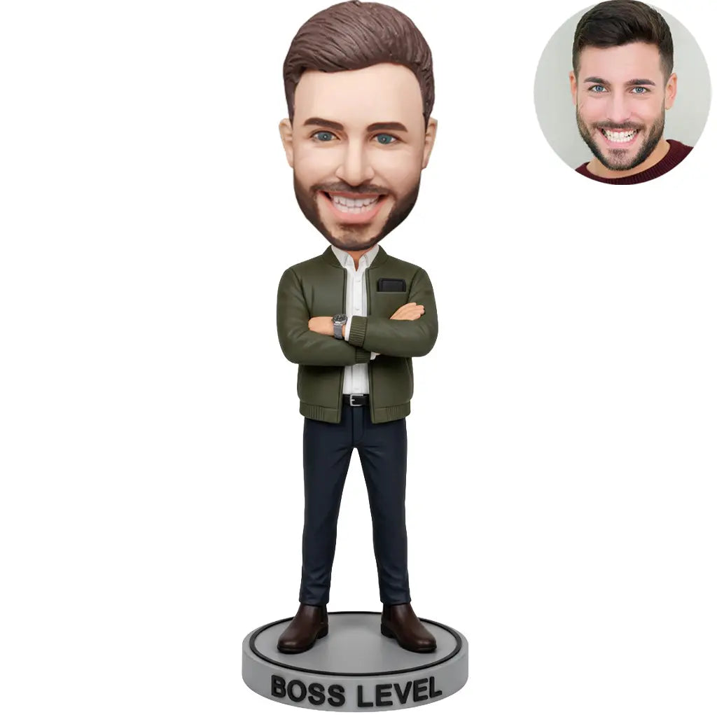 Custom Boss Level Bobblehead for Men in Olive Bomber Jacket Arms Crossed – Personalized Cool Boss Gift
